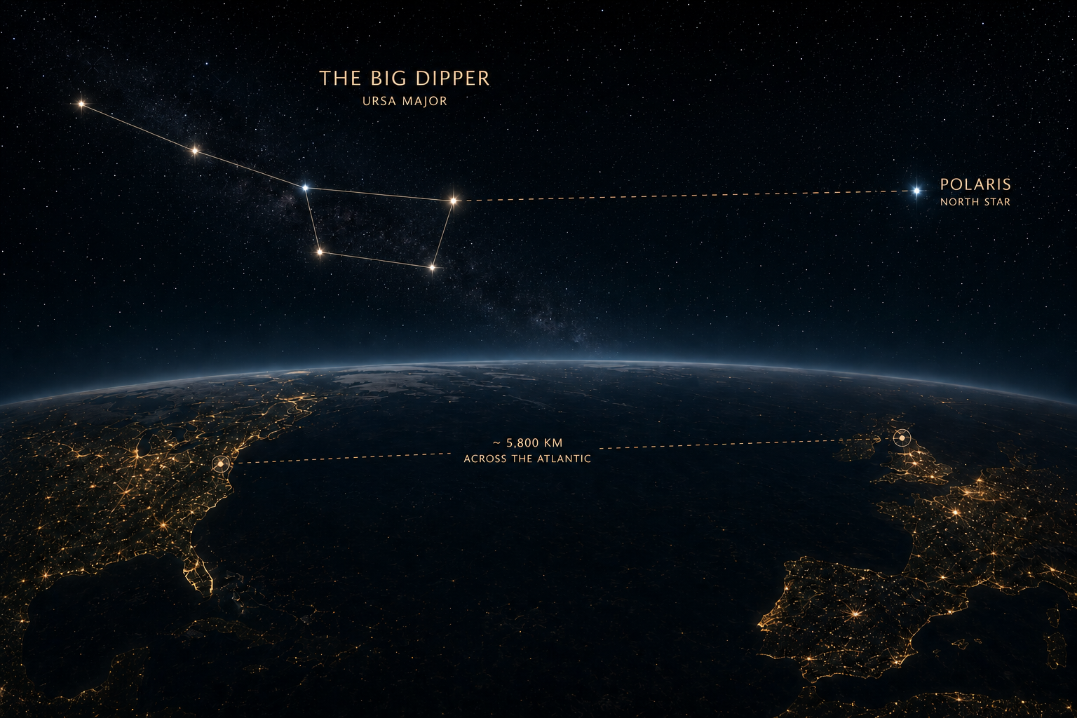The Big Dipper and Polaris over a night view of Earth, a dashed line tracing roughly 5,800 km across the Atlantic between the Virginia and Scotland sites.